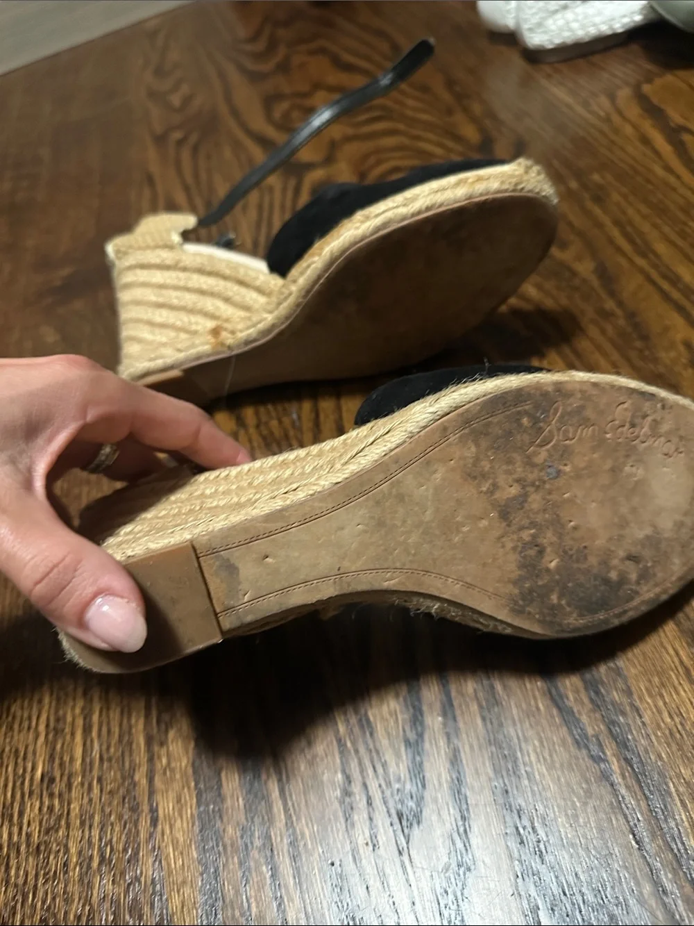Sam Edelman Black and Tan Espadrille Wedge Sandals